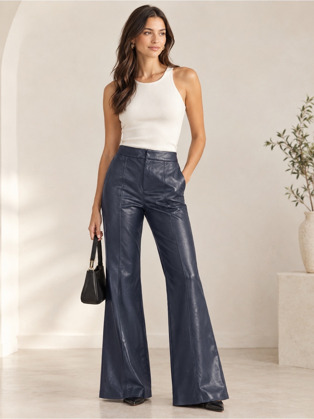 7 For All Mankind Navy Faux Leather Wide-Leg Pants